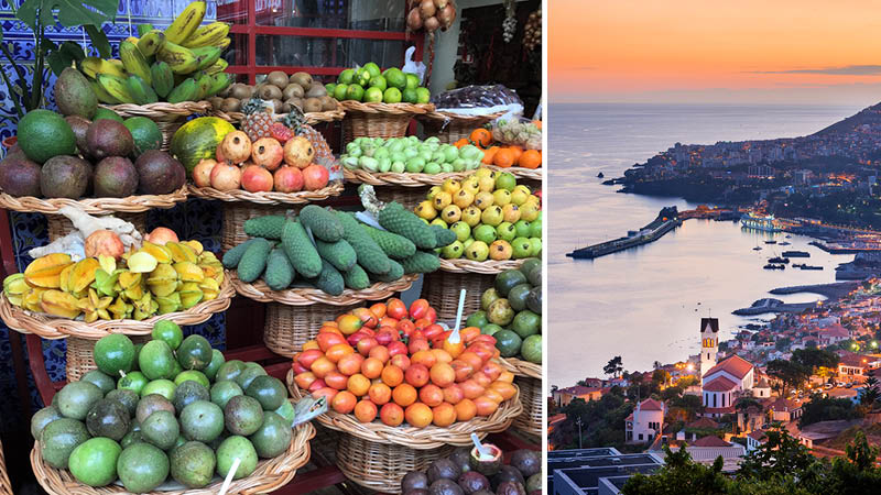 Frugtmarked i Funchal og udsigt over byen ved solnedgang